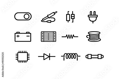 Electronic component icons set featuring microchip battery resistor soldering iron and circuit symbols for engineering projects