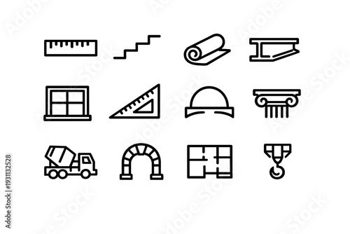 Construction and architecture line icon set featuring tools and building elements like ruler stairs hard hat and floor plan