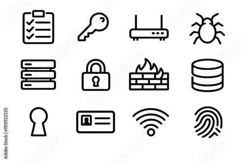 Cybersecurity and network technology line icon set featuring data protection privacy internet safety and computer system security elements