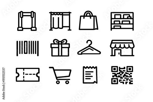 Set of retail and shopping line icons featuring a shopping cart bag gift box storefront barcode and receipt for commercial use