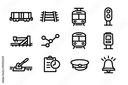 Set of railway and train transportation line icons including tracks locomotive signal and station equipment on white background