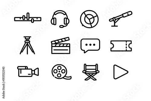 Set of cinema and movie production line icons including camera clapperboard film reel and director chair for media industry projects