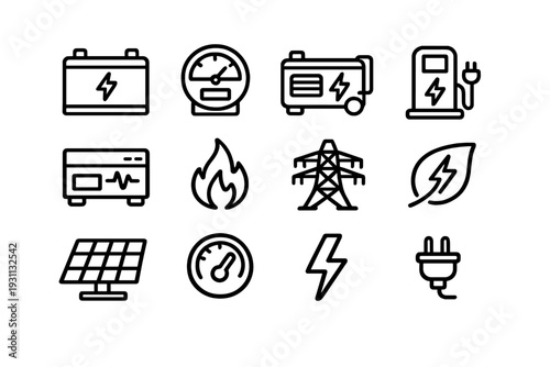 Energy and electricity line icon set featuring solar panel battery power station and renewable resources symbols on white background