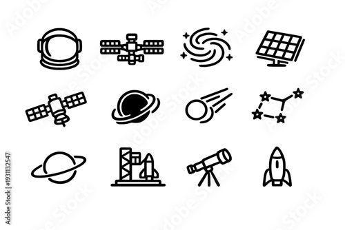 Space exploration and astronomy line icon set featuring rocket ship satellite telescope planet and astronaut helmet on white background
