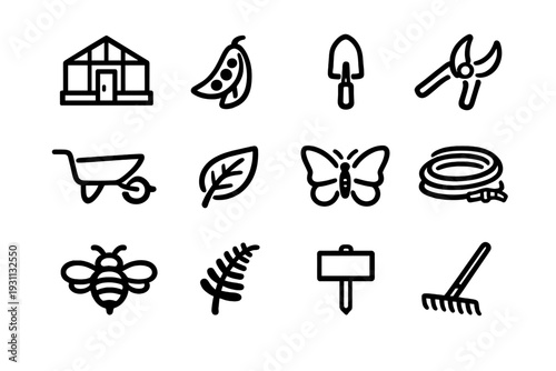 Set of gardening and horticulture line icons featuring greenhouse tools plants and insects for backyard landscaping and farming projects