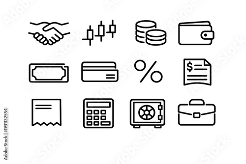 Finance and business line icon set featuring handshake money wallet credit card calculator and safe for banking and investment concepts