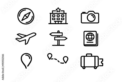 Set of travel and tourism line icons including airplane passport camera suitcase compass hotel signpost and location pins on white