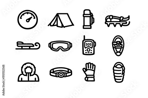 Winter camping and mountain expedition equipment icons set featuring tent sled goggles parka headlamp and sleeping bag on white background