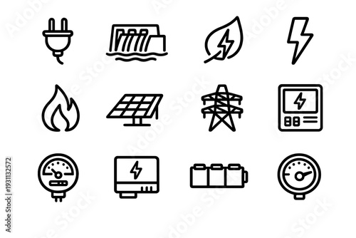 Set of energy and electricity line icons featuring solar panels power lines battery and renewable resources for industrial and environmental