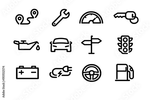 Set of car service and automotive transportation line icons including battery gas pump steering wheel and traffic light symbols