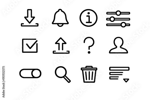 Minimalist black outline user interface icon set including download upload search settings and profile symbols on white background