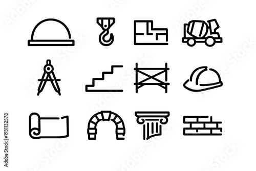 Construction and architecture line icons including hard hat crane hook floor plan cement mixer compass stairs scaffolding and blueprint