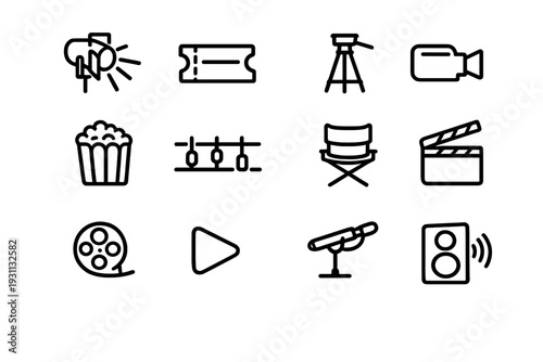 Set of minimalist cinema and movie production line icons including camera popcorn clapperboard and film reel on white background