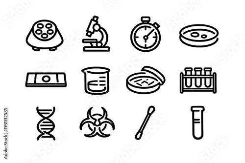 Set of laboratory equipment icons including microscope beaker test tube dna helix biohazard symbol and petri dish for scientific research