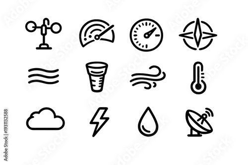Set of weather and meteorology icons including wind speed gauge thermometer cloud lightning and satellite dish for forecasting