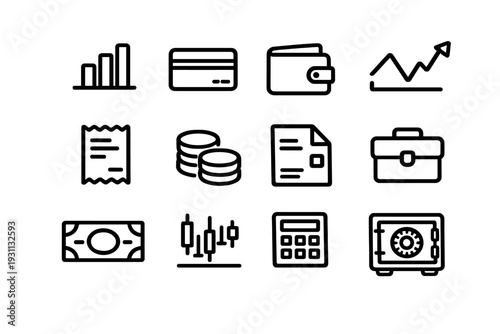 Business and finance line icons including wallet credit card coins calculator safe and charts for banking and investment concepts