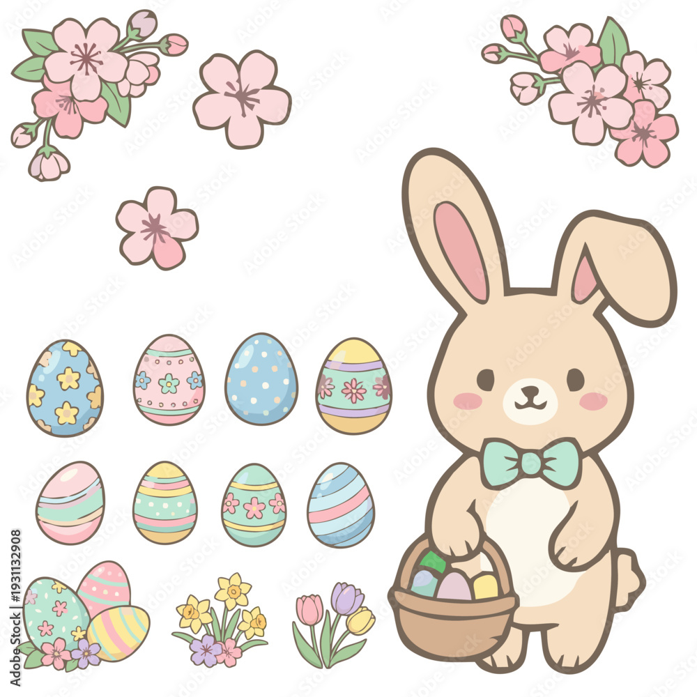Fototapeta premium cute easter bunny with eggs and spring flowers illustration
