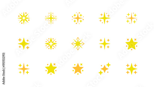 Yellow star and sparkle symbols in flat design. Rating and decorative vector EPS.