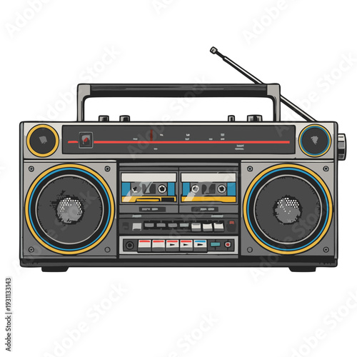 retro portable stereo boombox cassette player illustration