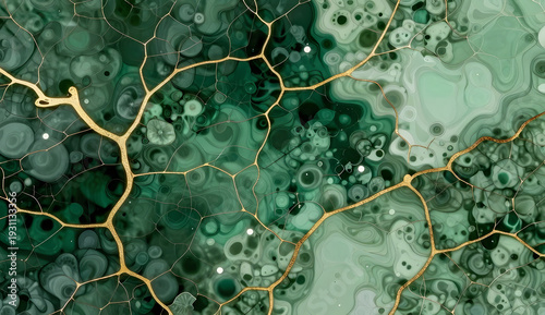 macro shot of generated liquid-flora texture, a fusion of botanical patterns and fluid dynamics, deep emerald green and soft mint tones with metallic gold veins