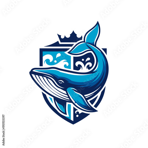 Stylized blue whale with crown and waves on a shield emblem design