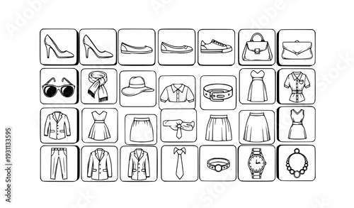 Women Fashion Square Line Icon Set with Shoes, Handbags, Dresses, Skirts, Blazers, Accessories, and Apparel Elements for Boutique and Ecommerce Design