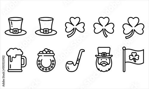 A collection of black outline St Patricks Day icons featuring shamrocks hats beer and a leprechaun