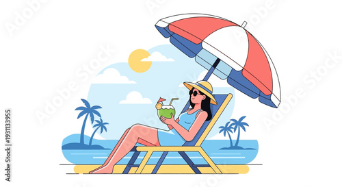 Woman Relaxing on Beach Chair Under Parasol.
