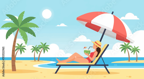 Woman Relaxing on Beach Chair Under Umbrella.