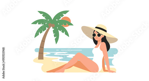 Woman Relaxing on Beach with Hat.