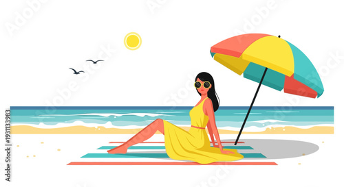 Woman Relaxing Under Beach Umbrella.