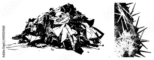 Broken glass stacked in chaotic pile, shattered crystal debris, glass wreckage, hazard fragments, safety risk, hazardous waste, broken window remnants.