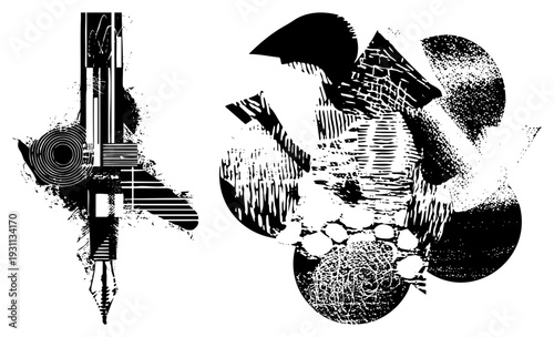 Stylized black and white graphic with layered geometric forms, halftone shading, and textured strokes abstract composition, vector art, graphic design element.