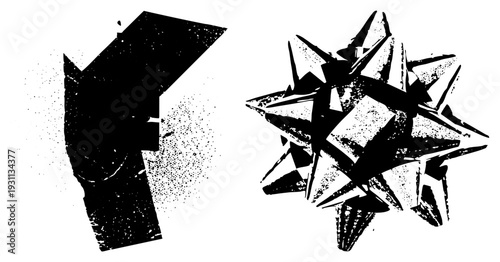 Bold black vector forms with gritty halftone texture, angular abstract shapes, graphic design elements, stylized silhouettes, stark contrast visuals.