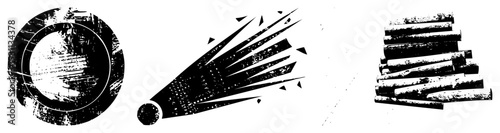 Vector illustrations featuring distressed circular graphic, explosive with, and textured log pile all in high contrast black and white, ideal for gritty design projects.