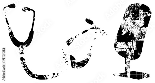 Medical set featuring stethoscope, heartbeat, and doctor silhouette, distressed black and white vector graphic, healthcare symbols, medical emblem.