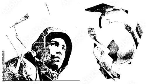 Black and white halftone portrait of a man in, fragmented by sharp geometric, abstract art style, graphic design element, isolated vector cutout.