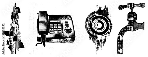 Retro style halftone illustrations of a rotary phone, rifle, target, and faucet graphic design elements, isolated vector, textures, stylized tech and utility objects.