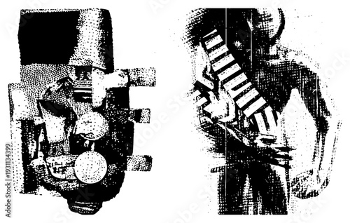 Retro camera with lens and shutter, film strip holder, analog equipment, halftone style, black and white graphic, classic gear.