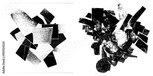 Dynamic black and white abstract shapes with halftone texture, fragmented polygonal forms, graphic art, digital illustration, vector design.