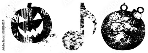 Halloween jack o lantern, musical note, festive ornament, distressed vector, holiday symbols, black and white graphic, gritty texture design.