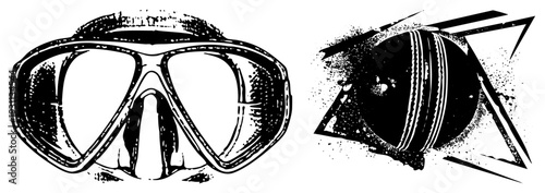 Black and white scuba diving mask with textured shading, paired with stylized fish cutout in geometric frame, halftone spray effect, isolated vector art for marine themes.