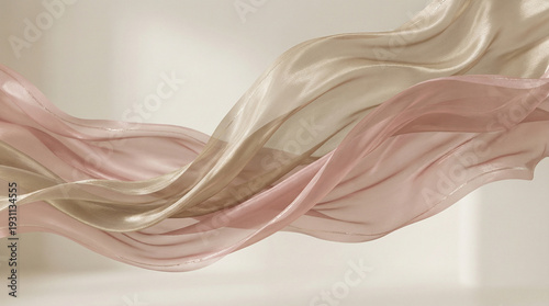 Floating beige and pink silk fabric. Elegant satin cloth background with waves. 3d render