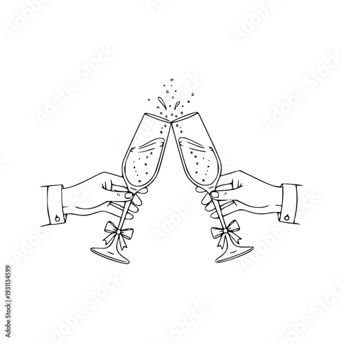 hands clinking champagne glasses celebration line art illustration isolated on white background