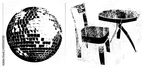Retro disco ball with mirrored facets, paired with minimalist chair and round table, halftone graphic design, party decor elements, black and white vector illustration.