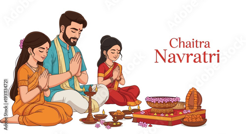 Illustration of a Hindu family celebrating Chaitra Navratri with traditional rituals and worship at home.