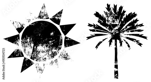 Weathered sun with triangular rays, palm tree silhouette with frond, vector graphic, tropical theme, rustic design, black and white illustration.