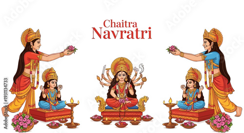 Illustration of a Chaitra Navratri scene with Goddess Durga seated in the center, surrounded by devotees worshiping her with flowers, set against a clean white background with vibrant,