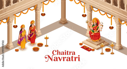 Isometric illustration of a Hindu temple scene with Goddess Durga and devotees celebrating Chaitra Navratri with traditional Indian decorations and rituals.