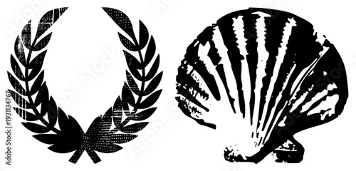Classical laurel wreath symbolizing victory, paired with scallop emblem, both rendered in distressed halftone black and white vector style, ideal for or nautical branding.